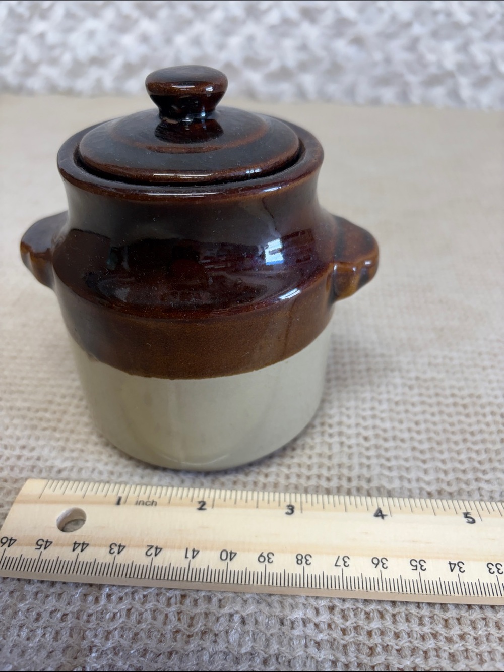 Two-Tone Brown and Cream Stoneware Mini Crock with Lid
